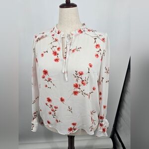 CeCe Red Floral On White Blouse With Tie Detail Large (6538)